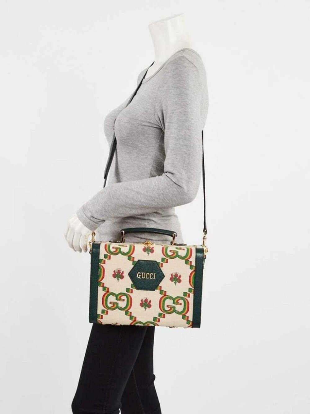 Gucci Green/Beige Canvas/Leather 100 Years Crossbody Box Bag - Picture 2 of 12